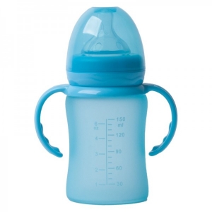 Accesorii bebe - Biberon termo din sticla acoperita de silicon cu indicator de temperatura Bo Jungle 150 ml albastru