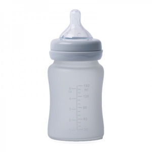 Accesorii bebe - Biberon termo din sticla acoperita de silicon cu indicator de temperatura Bo Jungle 150 ml gri