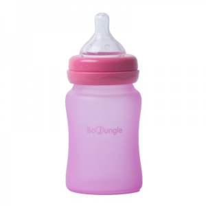 Accesorii bebe - Biberon termo din sticla acoperita de silicon cu indicator de temperatura Bo Jungle 150 ml roz