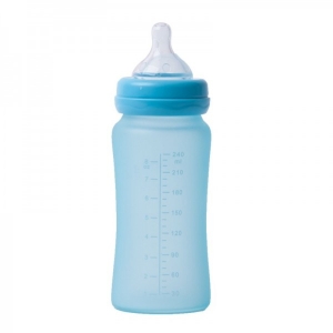 Accesorii bebe - Biberon termo din sticla acoperita de silicon cu indicator de temperatura Bo Jungle 240 ml albastru