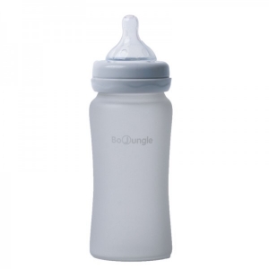 Accesorii bebe - Biberon termo din sticla acoperita de silicon cu indicator de temperatura Bo Jungle 240 ml gri
