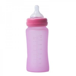 Accesorii bebe - Biberon termo din sticla acoperita de silicon cu indicator de temperatura Bo Jungle 240 ml roz