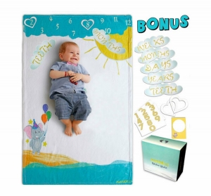 Accesorii bebe - Milestone Blanket Paturica pufoasa pentru fotografii si amintiri nou nascuti si bebelusi Nonidoo Elefantul cu baloane