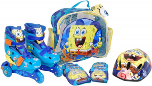 Jucarii - Role copii Saica reglabile 35-38 Sponge Bob cu protectii si casca in ghiozdan