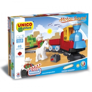 Unico Plus - Set constructie Unico Plus Trenulet Vestul salbatic cu baterii sunete 46 piese